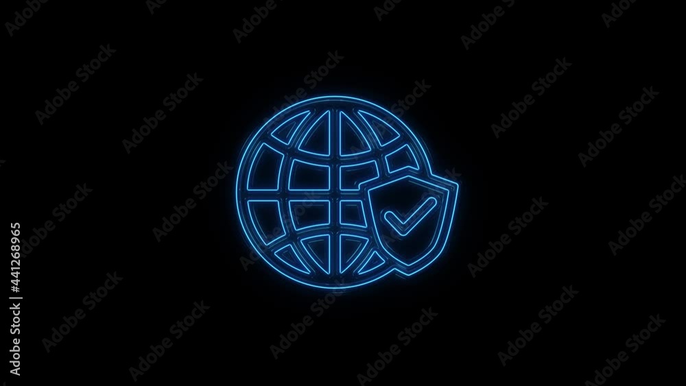 Glowing neon line Earth globe icon isolated on black background. Shield with checkmark. 4K Glowing neon line Earth globe icon isolated on black background. Shield with checkmark. 4K