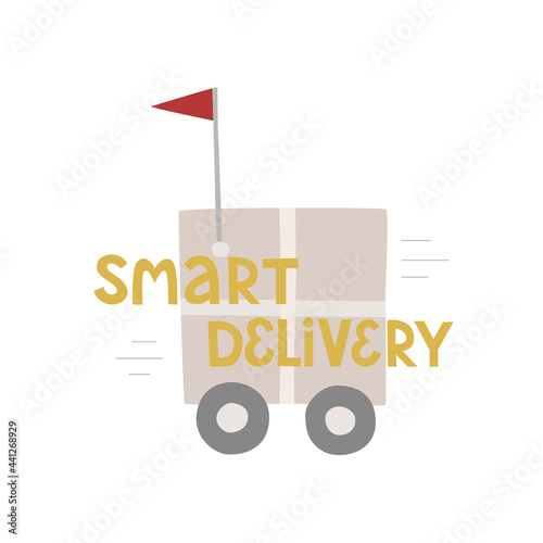 Smart delivery of goods with self driving box, equipment. Lettering for shop, cafe, sticker, advertising