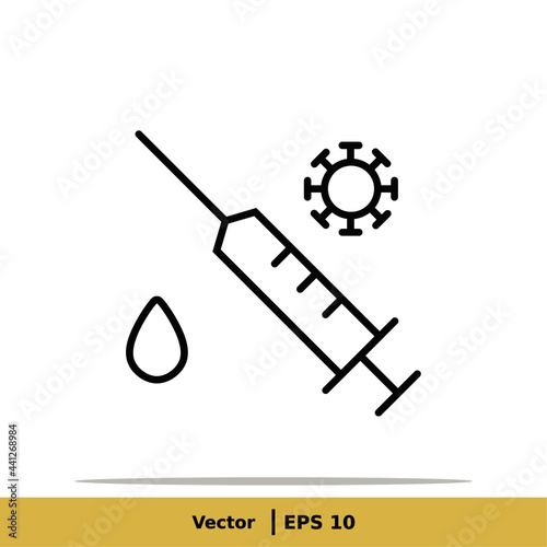 Vaccine, Vaccination, Inoculation, Inject, Syringe Icon Illustration. Injection Sign Symbol Logo Template. Vector Line Icon EPS 10