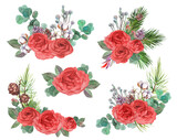set of Christmas winter bouquets for cards with red roses and spruce branches with pine cones painted in watercolor isolated on white background for greeting cards and other design