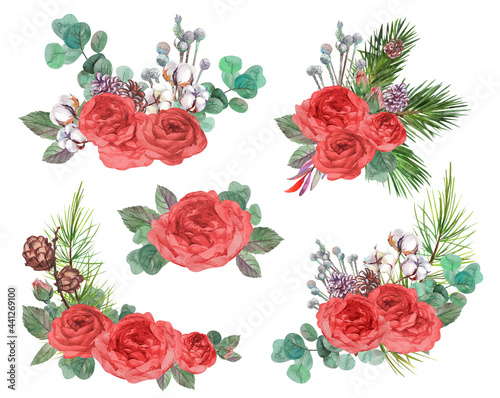 set of Christmas winter bouquets for cards with red roses and spruce branches with pine cones painted in watercolor isolated on white background for greeting cards and other design