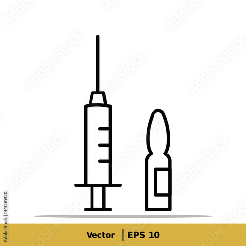 Vaccine, Vaccination, Inoculation, Inject, Syringe Icon Illustration. Injection Sign Symbol Logo Template. Vector Line Icon EPS 10
