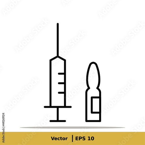 Vaccine, Vaccination, Inoculation, Inject, Syringe Icon Illustration. Injection Sign Symbol Logo Template. Vector Line Icon EPS 10