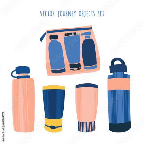 Journey cosmetic kit and water bottles in trendy flat style with dry brush texture.