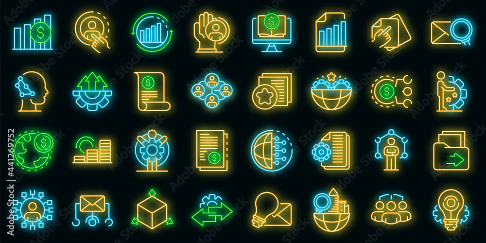 Restructuring icons set. Outline set of restructuring vector icons neon color on black Restructuring icons set. Outline set of restructuring vector icons neon color on black