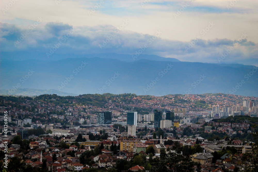 Panoramic view of Sarajevo. Sarajevo buildings.