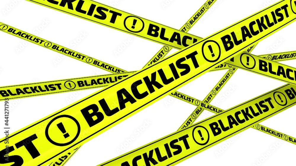 Blacklist. Yellow warning tapes in motion. Yellow warning tapes with black words BLACKLIST against a white background. Isolated. Footage video