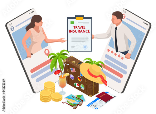 Insurance policy, booking travel insurance. Isometric travel agent ticket safe plan trip holiday model insurance money concept Protection from danger, providing security. Travel Aviation Insurance