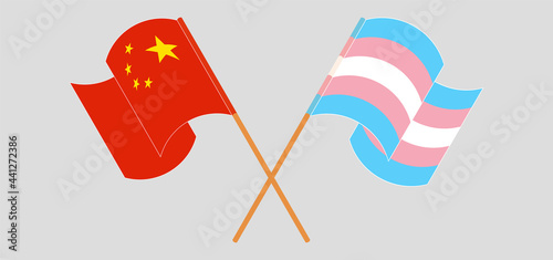 Crossed and waving flags of China and Transgender Pride