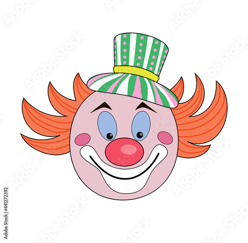 Cute clown head drawn in cartoon style. Stock vector illustration isolated on a white background.
