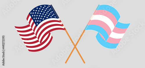 Crossed and waving flags of the USA and Transgender Pride