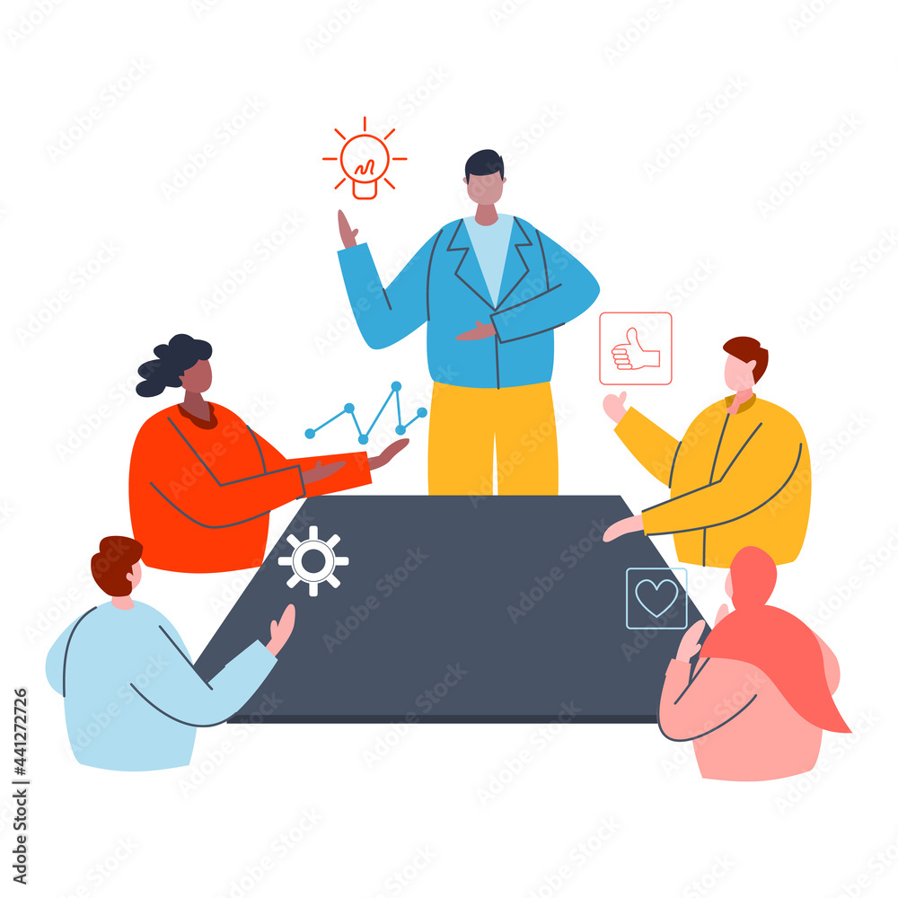 Vector illustration of working people, multicultural people working together doing analysis, working with laptop and internet, communicating in analyst team, business project team