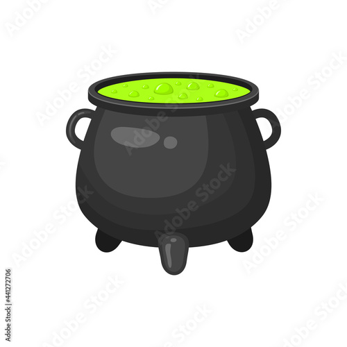 Witch cauldron with green liquid isolated on white background. Magic bubbling potion. Witchcraft equipment. Halloween design element. Vector cartoon illustration.