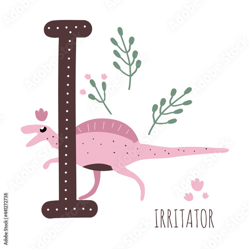 Irritator.Letter I with reptile name.Hand drawn cute predator dinosaur.Educational prehistoric illustration.Dino alphabet.Sketch Jurassic,Mesozoic animal.Childish funny comic font.Enjoy learning photo