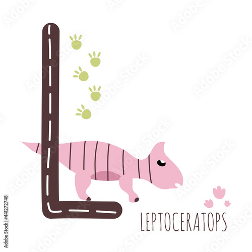 Leptoceratops.Letter L with reptile name.Hand drawn cute herbivores dinosaur.Educational prehistoric illustration.Dino alphabet.Sketch Jurassic,Mesozoic animal.Childish funny comic font.Enjoy learning photo