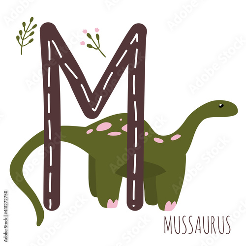 Mussaurus.Letter M with reptile name.Hand drawn cute herbivores dinosaur.Educational prehistoric illustration.Dino alphabet.Sketch Jurassic,Mesozoic animal.Childish funny comic font.Enjoy learning photo