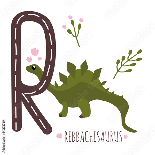 Rebbachisaurus.Letter R with reptile name.Hand drawn cute herbivores dinosaur.Educational prehistoric illustration.Dino alphabet.Sketch Jurassic animal.Childish funny comic font.Enjoy learning photo