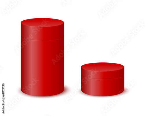 Red tube boxes isolated on white background. Cylinder cardboard, plastic or metal package mockup for product design. Blank containers for gifts, food, tea, hats. Vector realistic illustration.