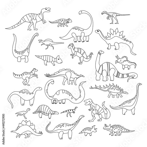 Coloring with various dino characters set.Game for kids.Cute hand drawn dinosaurs.Sketch Jurassic,Mesozoic reptiles.Prehistoric illustration with outline animals.Baby shower illustration,print