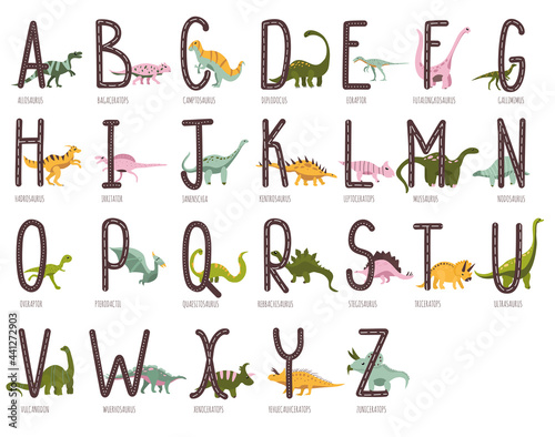 Dino alphabet.Hand drawn cute dinosaurs.Educational prehistoric illustration.Each letter match to reptiles name.Sketch Jurassic,Mesozoic animals.Childish lizard girls.Funny comic font.Enjoy learning