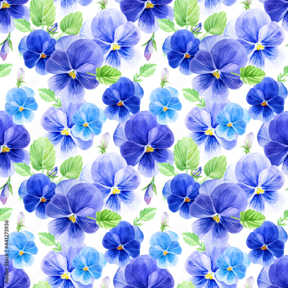Watercolor seamless pattern with summer flowers. Endless floral illustration with blue pansies, green leaves, buds on white background.