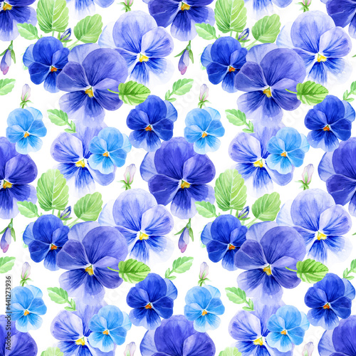 Watercolor seamless pattern with summer flowers. Endless floral illustration with blue pansies, green leaves, buds on white background.
