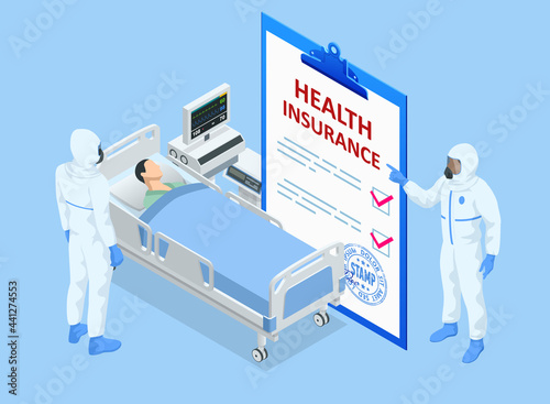 Isometric Health insurance concept. Healthcare, finance and medical service. Medical Document Form. Paperwork and questionnaire for insurance concepts