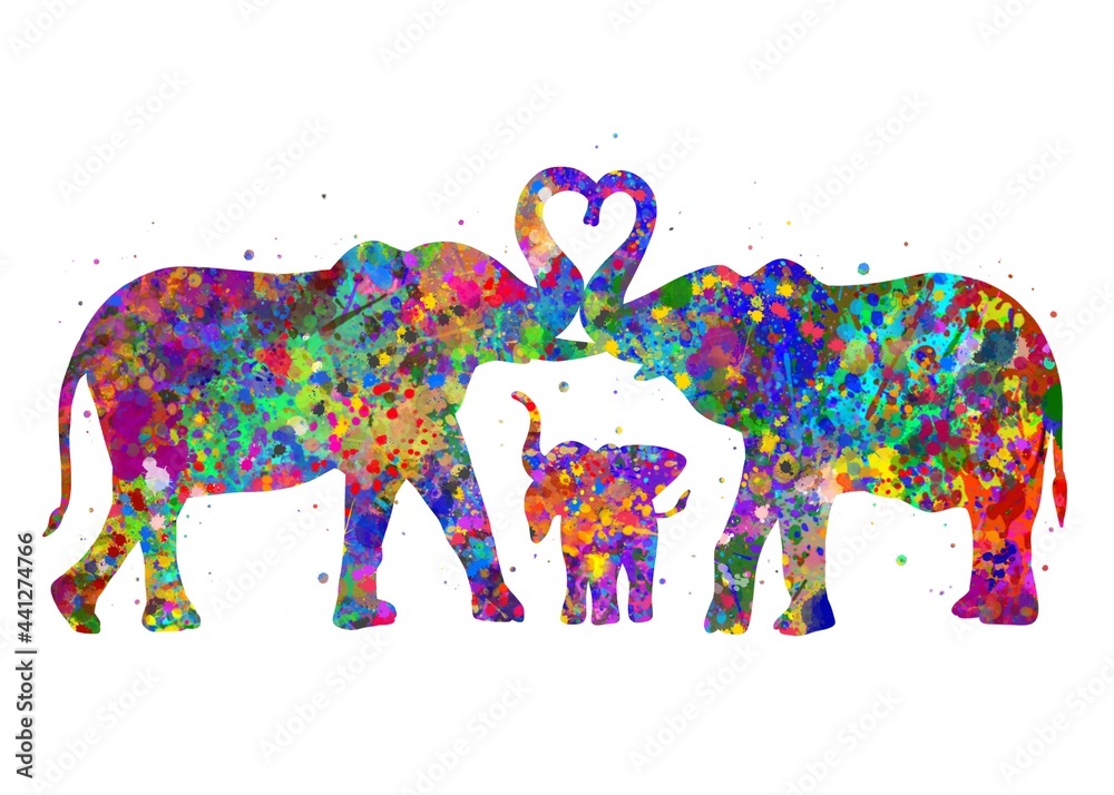Fototapeta premium Elephant Family Love Animal watercolor, abstract painting. Watercolor illustration rainbow, colorful, decoration wall art.