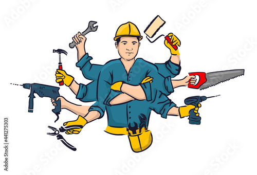 Tools in hand. jack of all trades. handyman. A builder who knows how to do everything. vector illustration