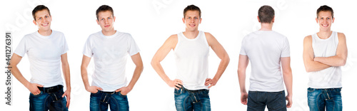 Foto Set of men in white shortsleeved T Shirt and singlet isolated on white backgroun