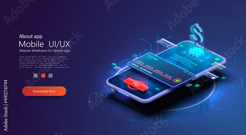 Blue Online banking app landing page. Smart wallet concept with credit, debit card payment application. Gadget of future, smartphone tech payment. Flat Isometric vector illustration. E-payment screen