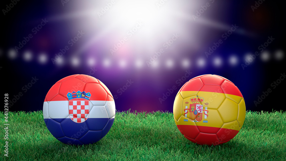 Fototapeta premium Two soccer balls in flags colors on stadium blurred background. Croatia and Spain. 3d image