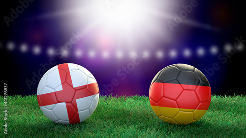 Two soccer balls in flags colors on stadium blurred background. England and Germany. 3d image
