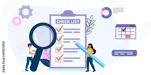 Checklist or habit tracker Tiny people fill out a form Concept done job Check list with tick mark Long paper document and to do list with checkboxes Questionnaire Vector illustration in flat style
