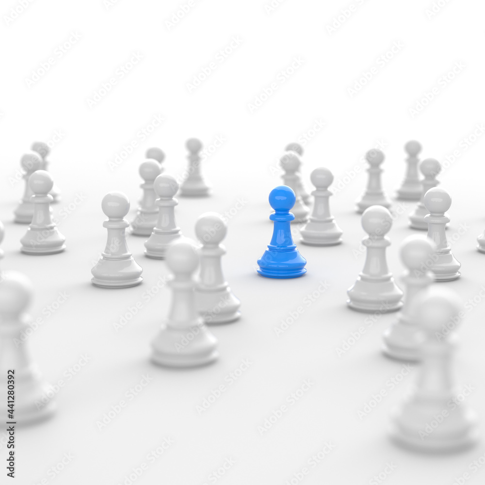 Leadership concept, blue pawn of chess, standing out from the crowd of white pawns, on white background. 3D Rendering Leadership concept, blue pawn of chess, standing out from the crowd of white pawns, on white background. 3D Rendering