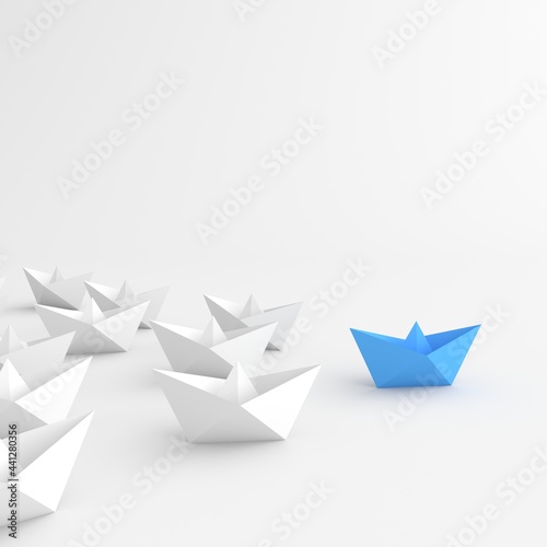 Fototapeta Naklejka Na Ścianę i Meble -  Leadership concept, blue leader boat leading white boats, on white background. 3D Rendering