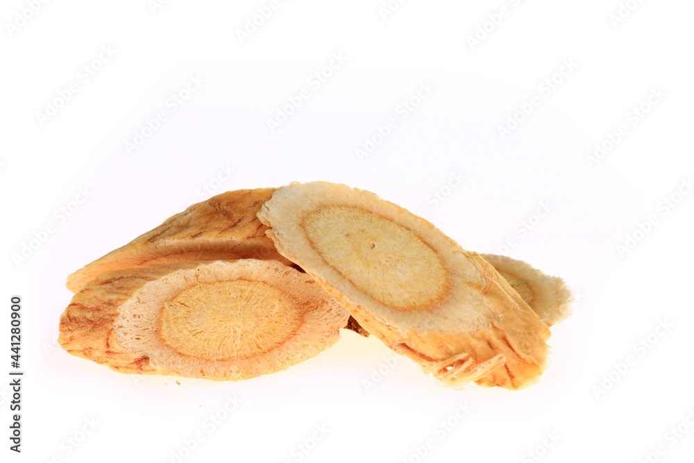 Chinese herbal medicine astragalus membranaceus on a white background Chinese herbal medicine astragalus membranaceus on a white background