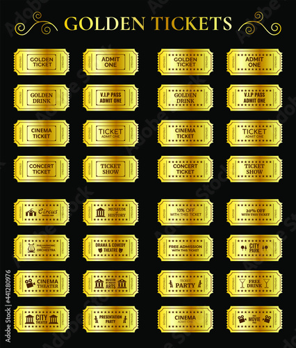 Golden Ticket collection.Golden Ticket set on black background