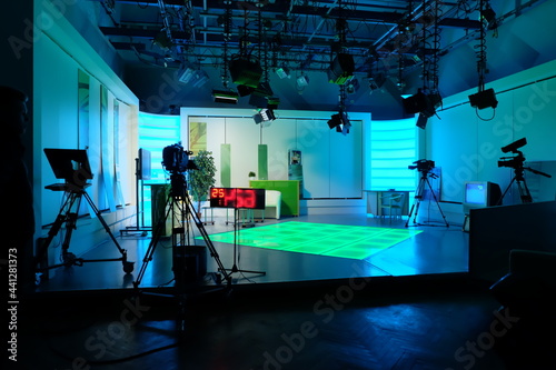 equipment of a television studio in blue lights photo
