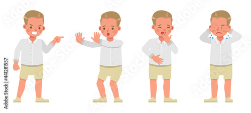 Fototapeta Naklejka Na Ścianę i Meble -  Set of children character vector design. Boy wear white shirt. Presentation in various action with emotions.