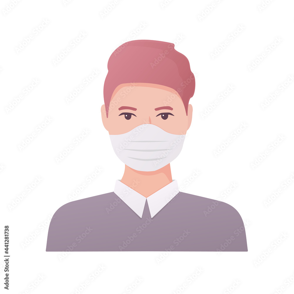 The person is wearing a medical mask. Colored flat illustration. Isolated on white background. The person is wearing a medical mask. Colored flat illustration. Isolated on white background.