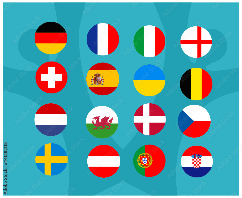 European football 2020 Round of 16.European soccer final.Flags Countries
