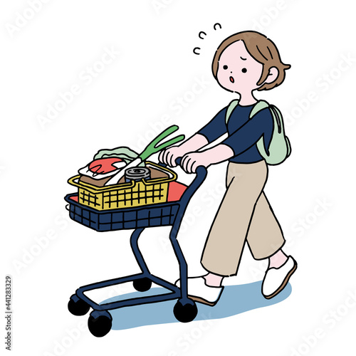 カートで買い物をする主婦　困り顔