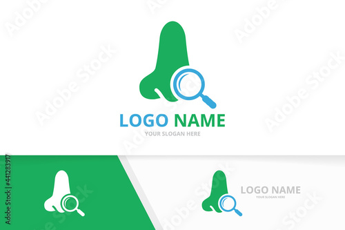 Vector nose and loupe logo combination. Magnifying glass, otolaryngology logotype design template.