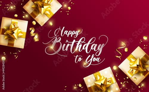 Happy birthday vector banner design. Happy birthday to you greeting text with golden gifts and confetti elements in elegant red background for celebrating birth day decoration. Vector illustration
