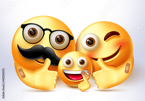 Smiley family covid vaccine vector banner design. Emoji 3d vaccinated family characters in happy and safe expressions with band aid element for covid-19 vaccination emoticons. Vector illustration
