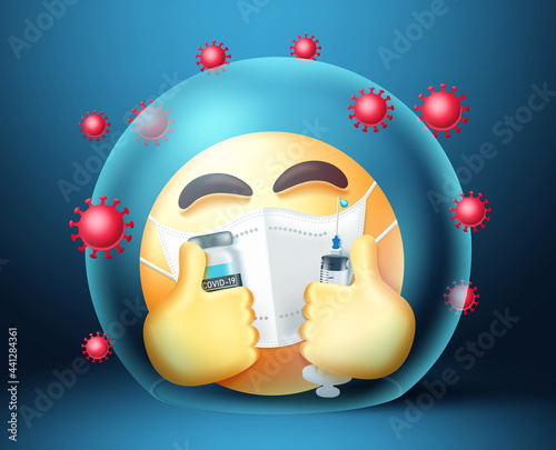 Smiley covid-19 vaccine vector design. Emoji 3d vaccinated character with shield protection element in safe and happy expressions for coronavirus vaccination emoticon health campaign.