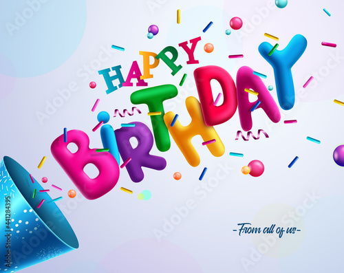 Birthday 3d vector concept design. Happy birthday greeting text with colorful confetti element for fun and enjoy kids birth day party celebration decoration. Vector illustration
