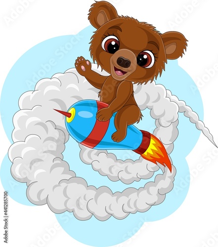 Cartoon baby bear riding rocket