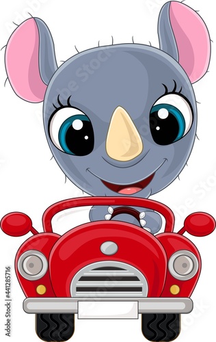 Cartoon baby rhino driving red car
